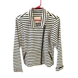 Hint Womens Size Large L Full Zip Jacket Coat Blazer Black White Striped Off Cen